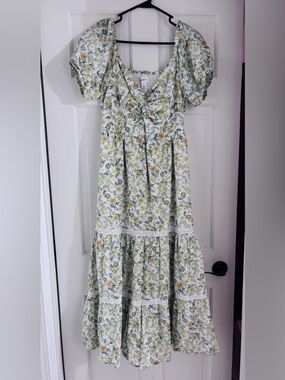 Japna White Maxi Dress with Yellow & Green Floral Print